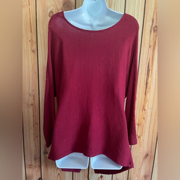 1.STATE New Women's V-Neck Waffle Weave Sweater 3/4 sleeves Maroon Size S Hi-Lo - Picture 2 of 10
